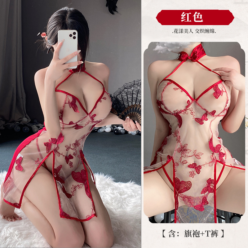 Butterfly embroidered pajamas sexy retro cheongsam style uniform temptation large size suit