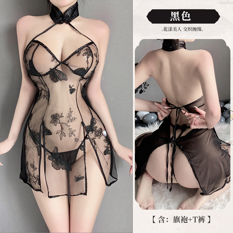 Butterfly embroidered pajamas sexy retro cheongsam style uniform temptation large size suit