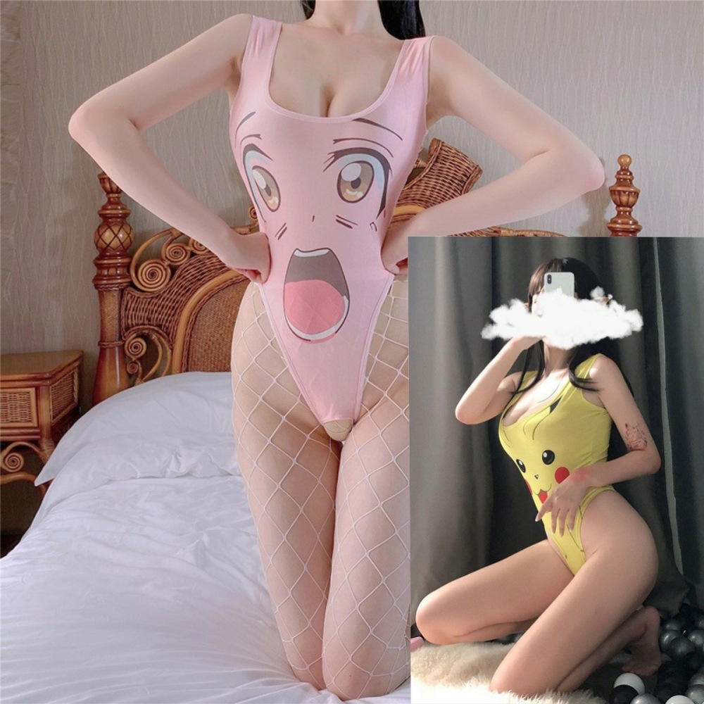 Open crotch free smiley face jumpsuit party uniform temptation COS anime high fork tight suit