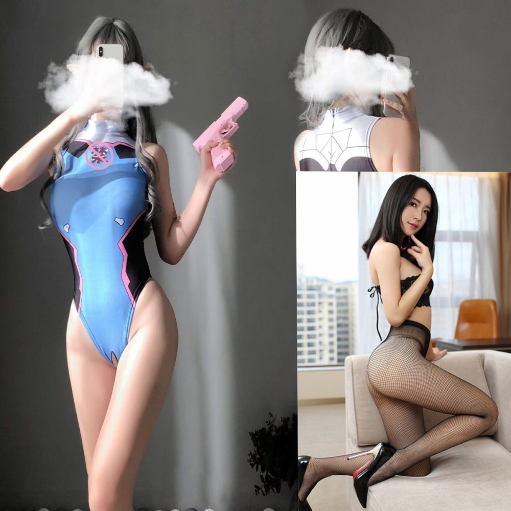 Open crotch free smiley face jumpsuit party uniform temptation COS anime high fork tight suit