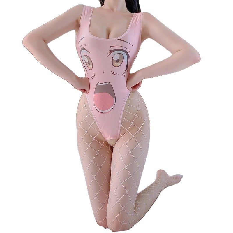 Open crotch free smiley face jumpsuit party uniform temptation COS anime high fork tight suit