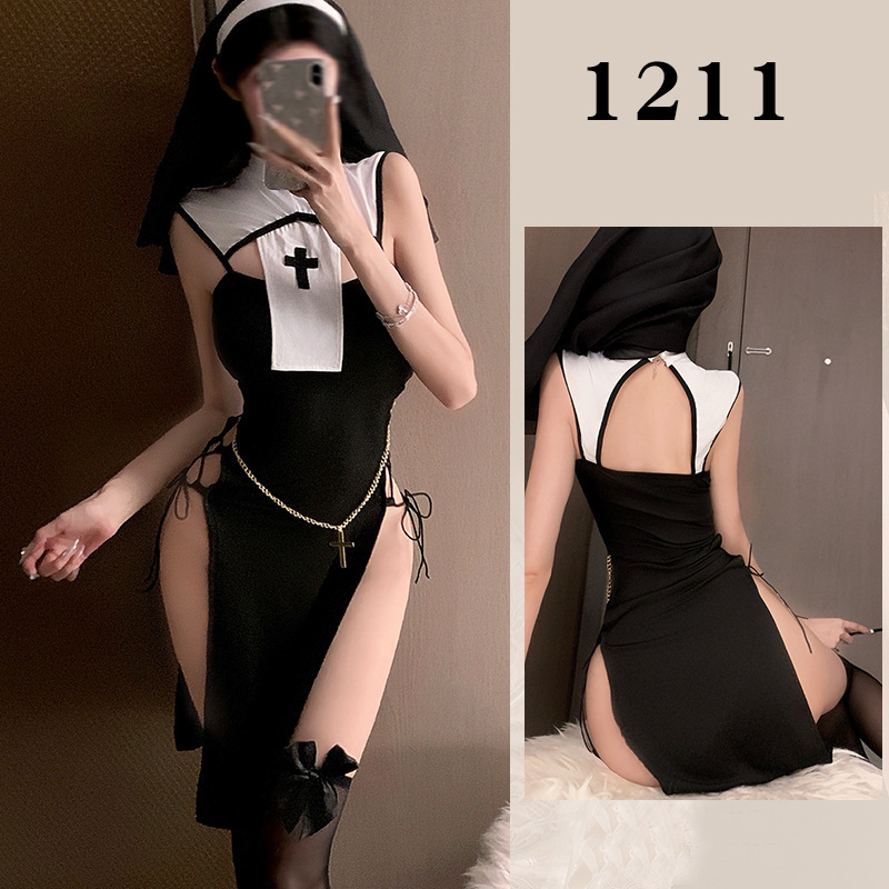 Seductive punishment nun sexy lingerie sexy role play uniform pajamas free to take off slits