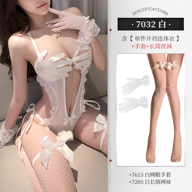 Do not "look" at the crotchless bodysuit set, no need to take off, temptation, sexy lingerie, sexy pure desire