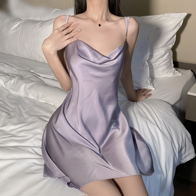 Beautiful gauze pile V-neck soft slim fit pure desire butterfly backless sexy satin women's home nightdress set