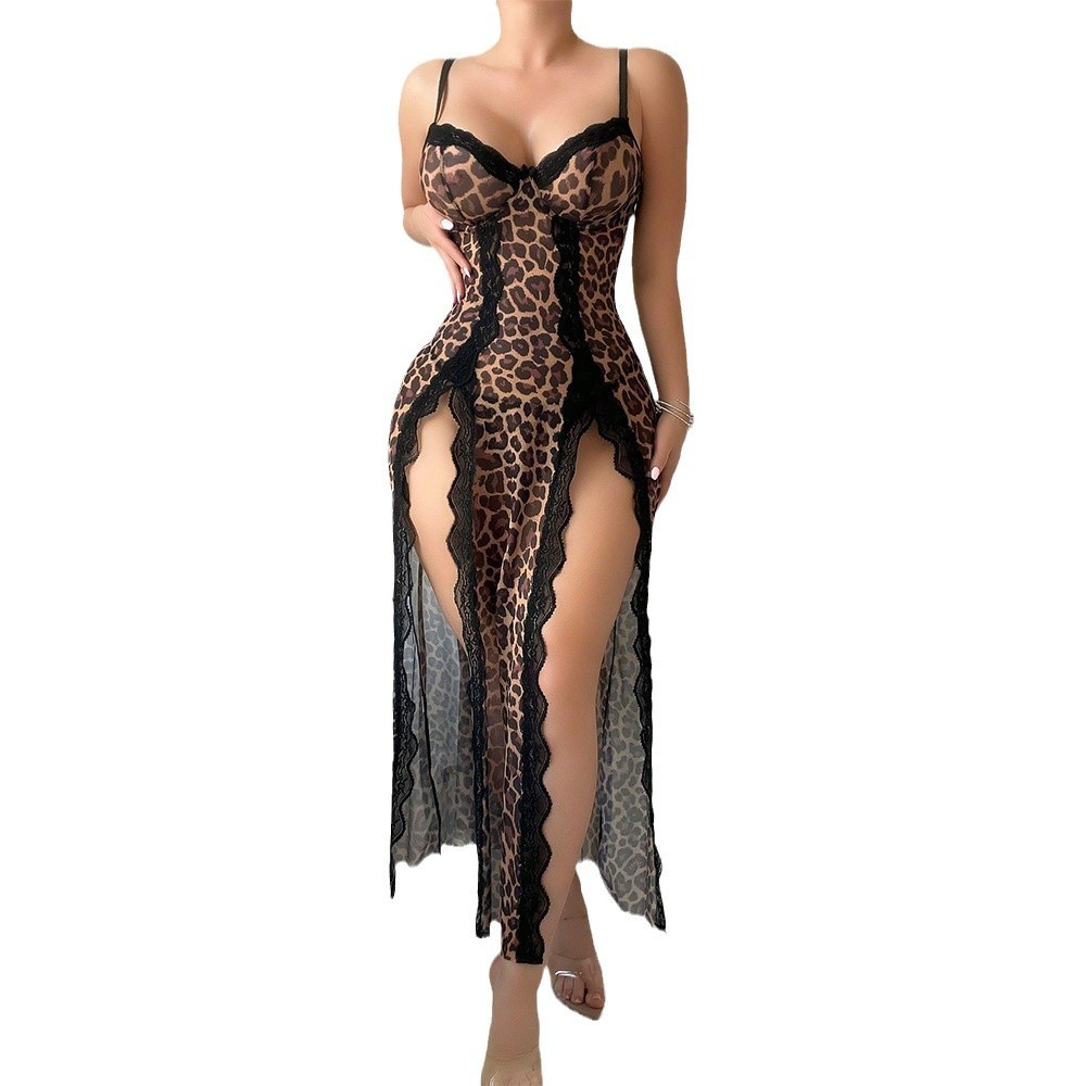Leopard print see-through long skirt passion uniform pajamas thong 2 piece set