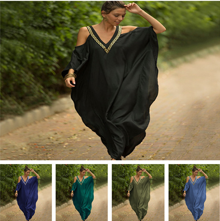 Imitation human cotton loose sexy off-shoulder beach cover-up bikini swimsuit cover-up sunscreen shirt