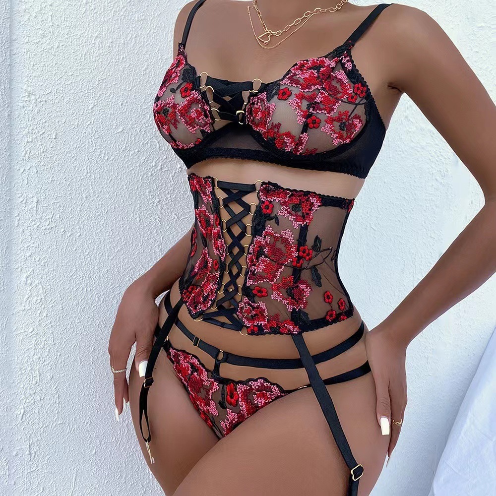Black and red lace embroidered flower cross strap splicing sexy lingerie set