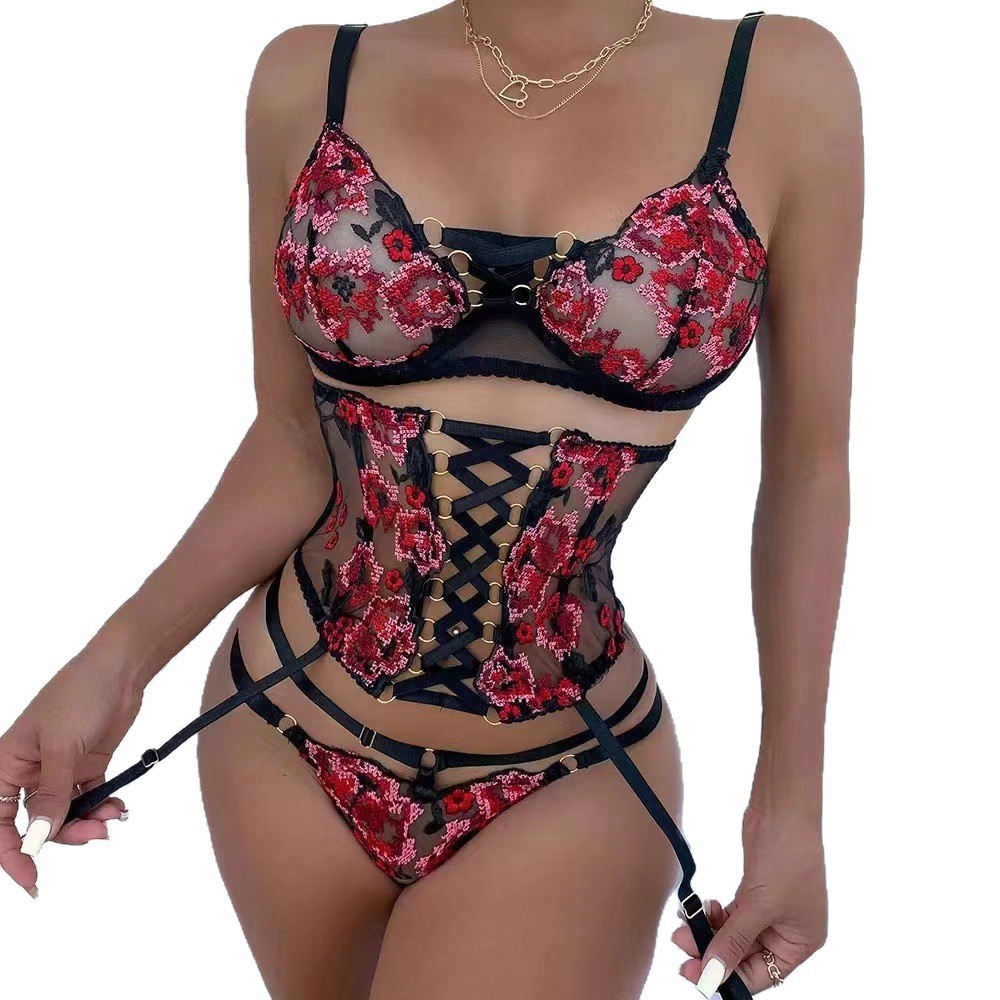 Black and red lace embroidered flower cross strap splicing sexy lingerie set