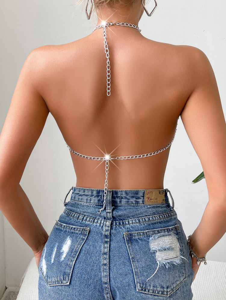Sexy splicing shiny rhinestone tube top chain halter neck suspenders women's clothing