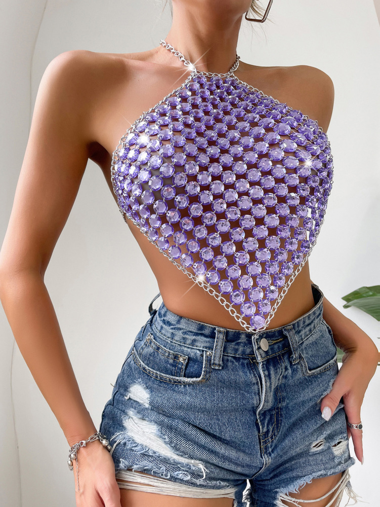 Sexy splicing shiny rhinestone tube top chain halter neck suspenders women's clothing