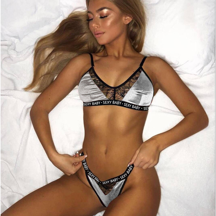 Forged lace three-point bra set multi-color hollow letter sexy underwear set