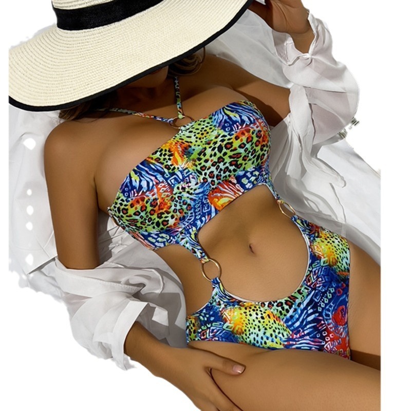 Foreign trade colorful leopard print hollow fashionable sexy one-piece swimsuit