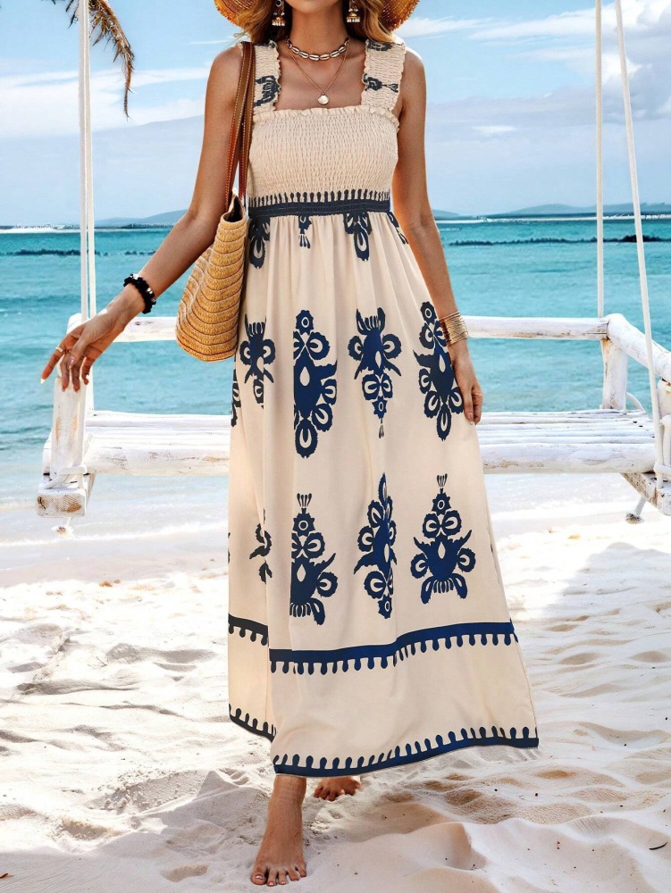 Hot sale women's beach dress holiday style printed wrap dress