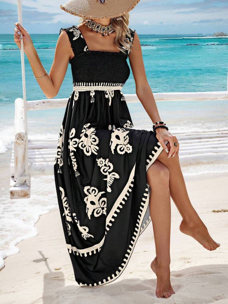 Hot sale women's beach dress holiday style printed wrap dress