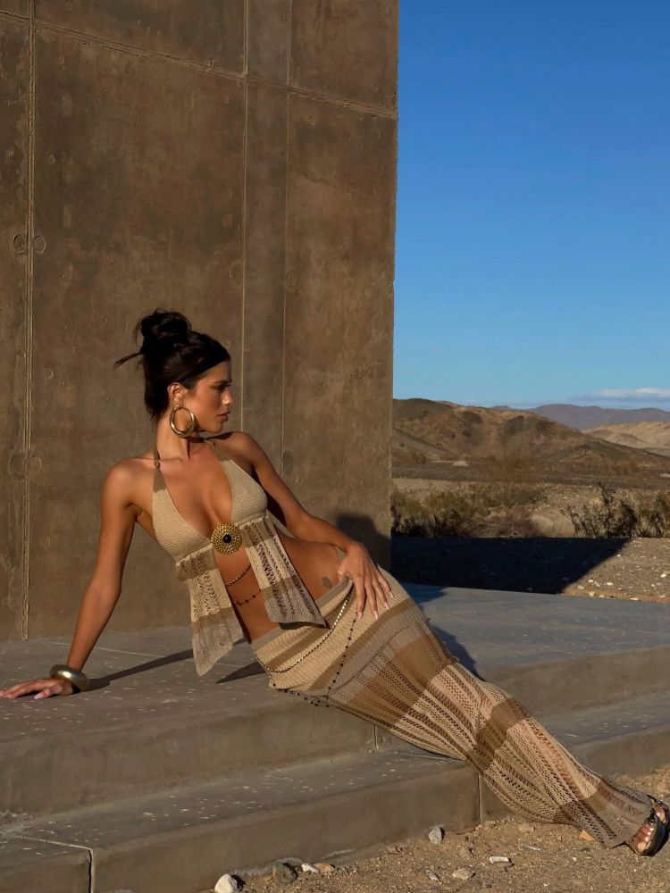 Sexy street style pure desire two-piece halter neck wrap chest hollow lace-up suit