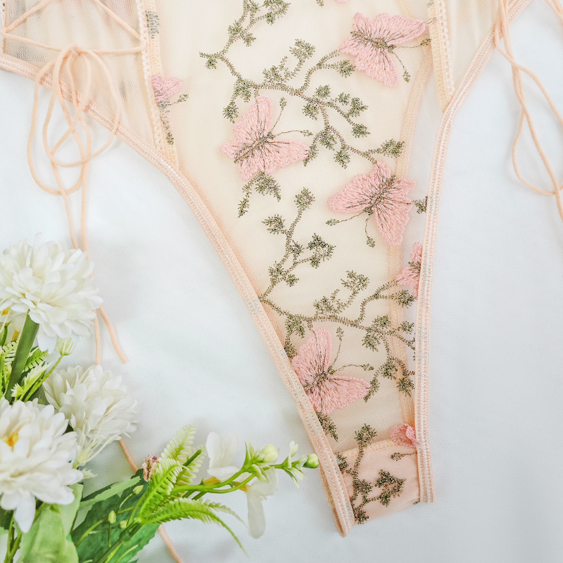 Sexy butterfly embroidery see-through backless bodysuit for women