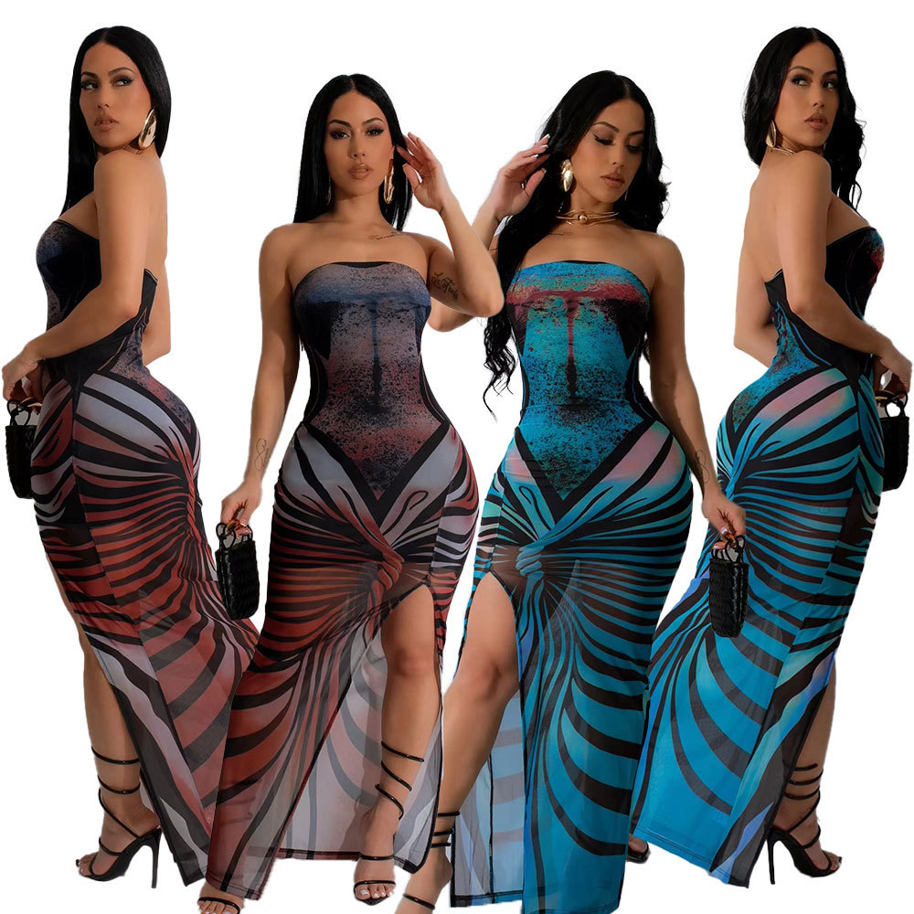 Mesh Printed Strapless High Slit Sexy Maxi Dress