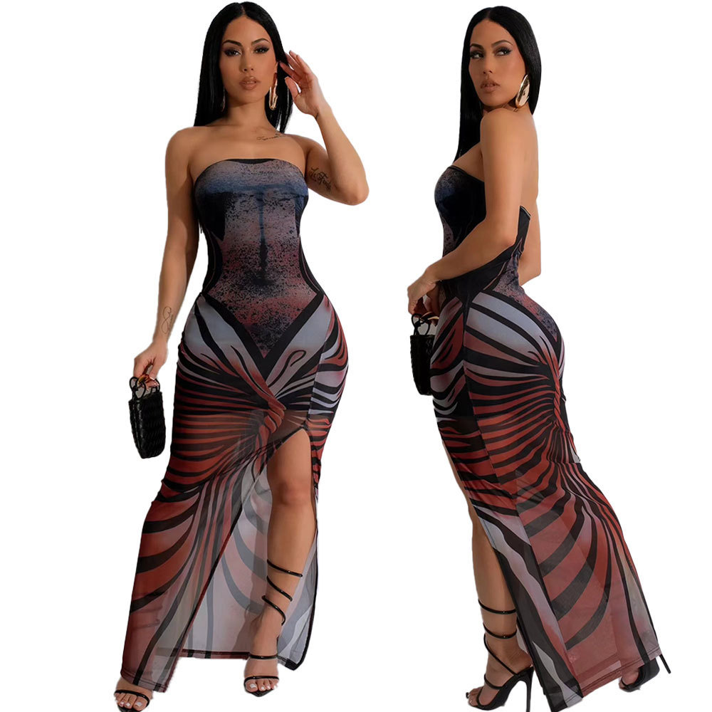 Mesh Printed Strapless High Slit Sexy Maxi Dress