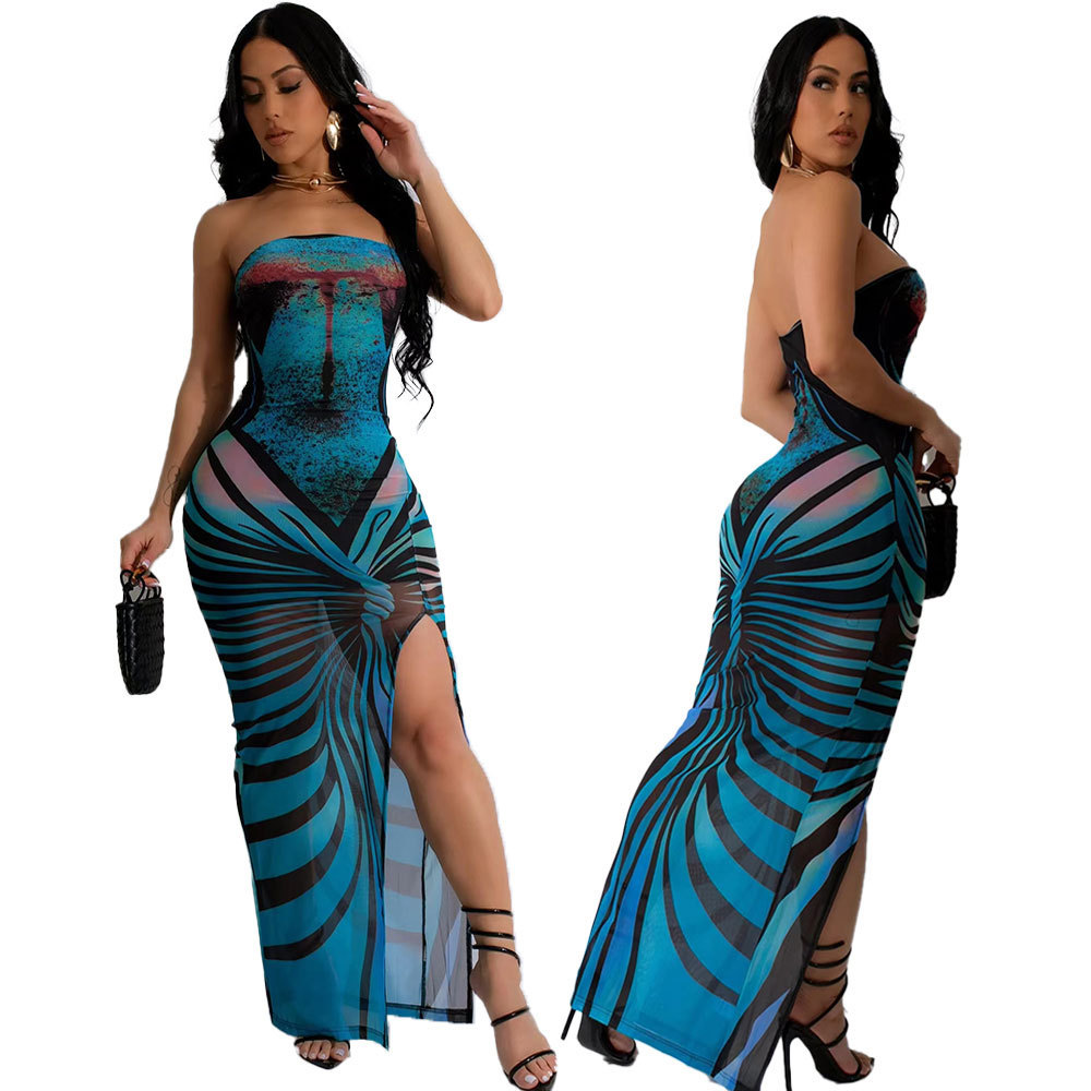 Mesh Printed Strapless High Slit Sexy Maxi Dress