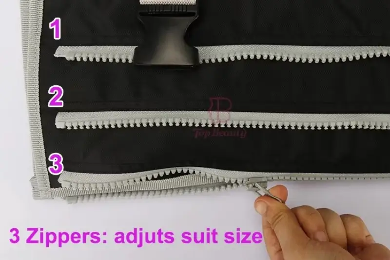3 zippers on the pressotherapy suit