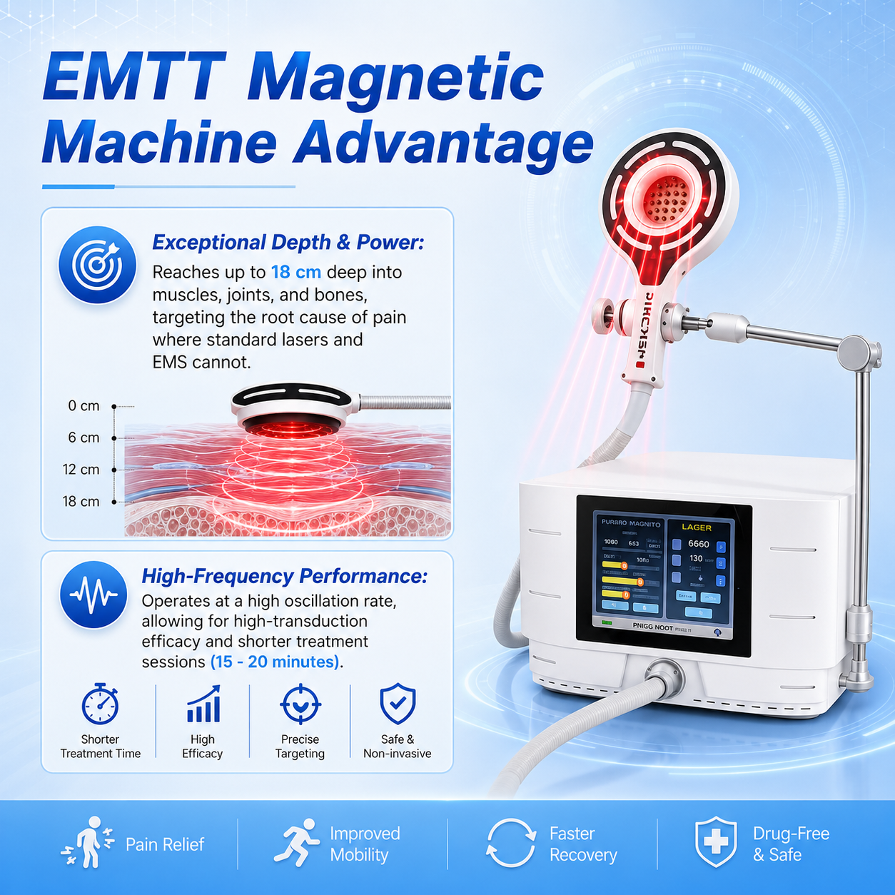 Portable EMTT PEMF Magnetic Physio Machine 6 Tesla for Muscle Recovery and Joint Pain for Athletes