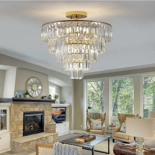 Golden Crystal Chandelier, 5-layer Round Semi-recessed Chandelier Lamp, Large Modern Luxury Chandelier, Suitable For Living Room, Dining Room, Bedroom, Corridor Unavailable Platforms- Temu