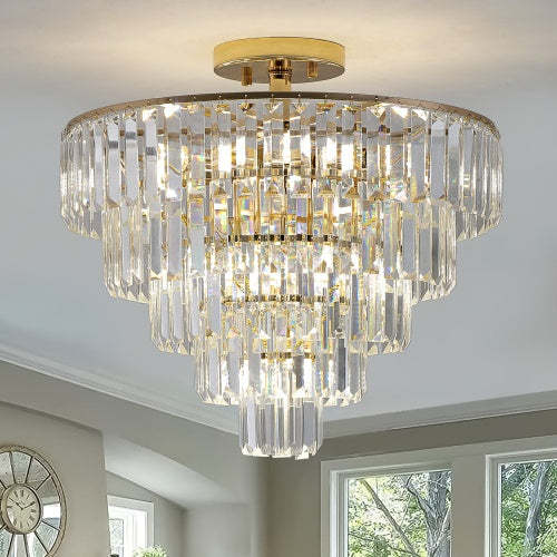 Golden Crystal Chandelier, 5-layer Round Semi-recessed Chandelier Lamp, Large Modern Luxury Chandelier, Suitable For Living Room, Dining Room, Bedroom, Corridor Unavailable Platforms- Temu