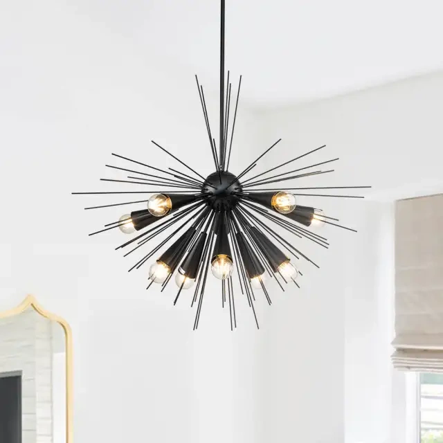 10-Light Mid-Century Modern Brass/ Black Sputnik Sunburst Pendant Light for Dining Room/ Kitchen/ Living Room