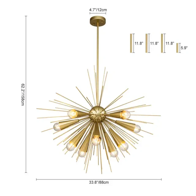 10-Light Mid-Century Modern Brass/ Black Sputnik Sunburst Pendant Light for Dining Room/ Kitchen/ Living Room