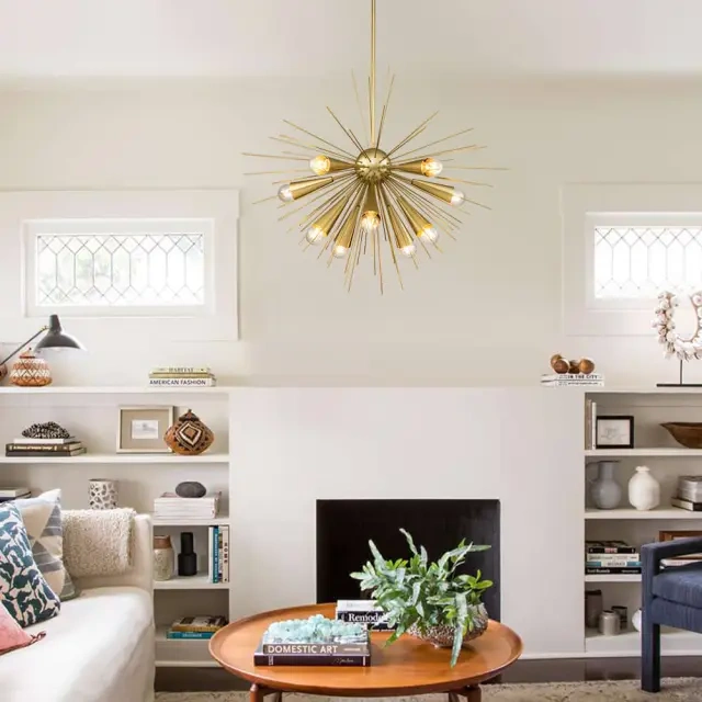10-Light Mid-Century Modern Brass/ Black Sputnik Sunburst Pendant Light for Dining Room/ Kitchen/ Living Room