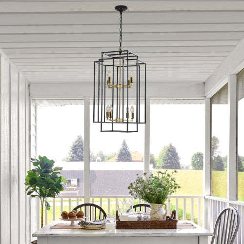 8 Lights Black & Gold Lantern Tiered Chandelier, Industrial Farmhouse Chandelier - No Bulbs Unavailable Platform- Temu