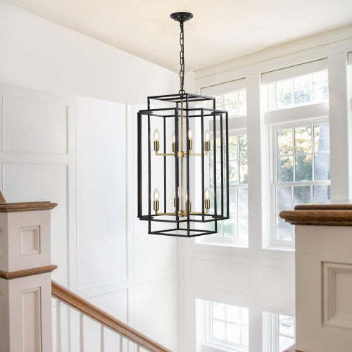 8 Lights Black & Gold Lantern Tiered Chandelier, Industrial Farmhouse Chandelier - No Bulbs Unavailable Platform- Temu