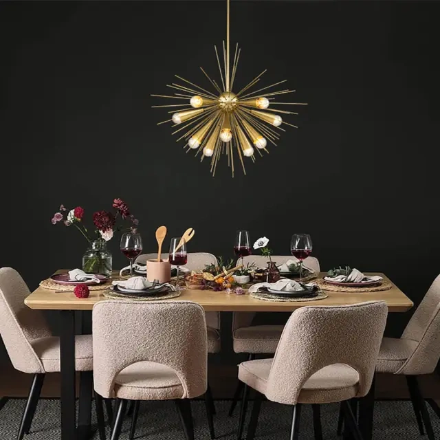 10-Light Mid-Century Modern Brass/ Black Sputnik Sunburst Pendant Light for Dining Room/ Kitchen/ Living Room