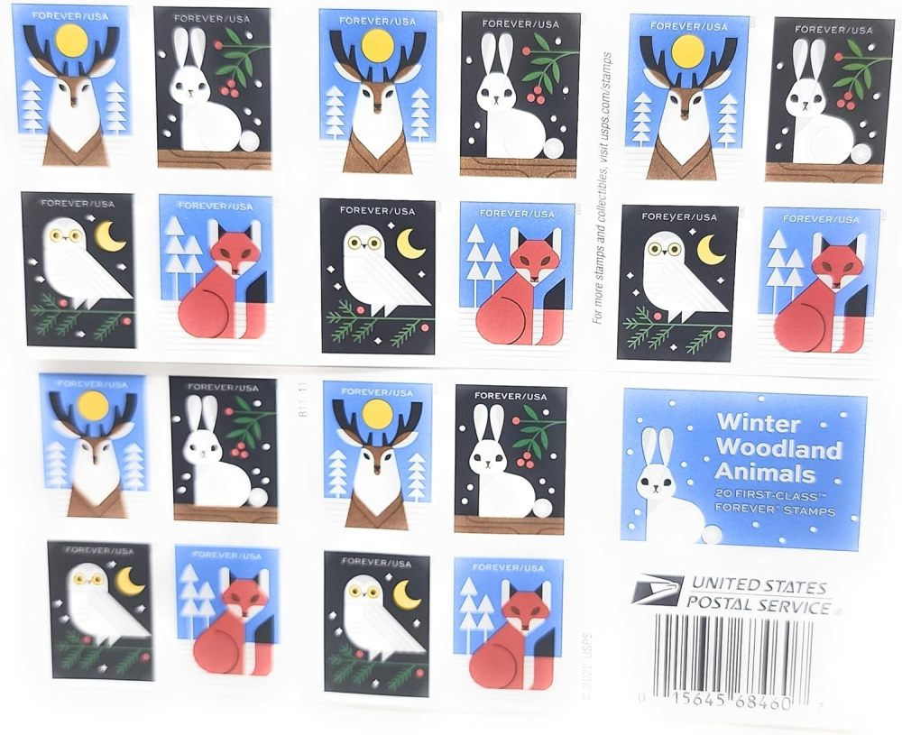2023 Winter Woodland Animals Forever Postage Stamps (a Deer. Fox. Rabbit. and Owl