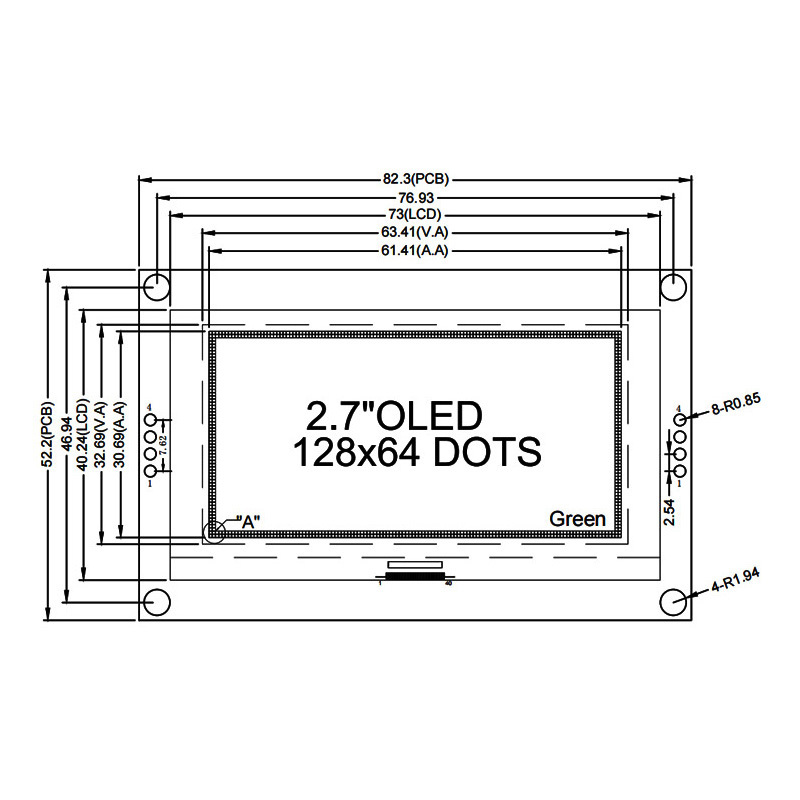 2.7 Inch Green OLED Screen 128*64 Resolution IIC/SPI Interface SSD1327 Industrial OLED Display