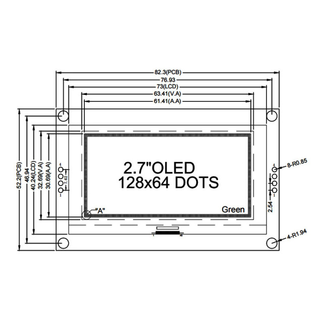 2.7 Inch Green OLED Screen 128*64 Resolution IIC/SPI Interface SSD1327 Industrial OLED Display