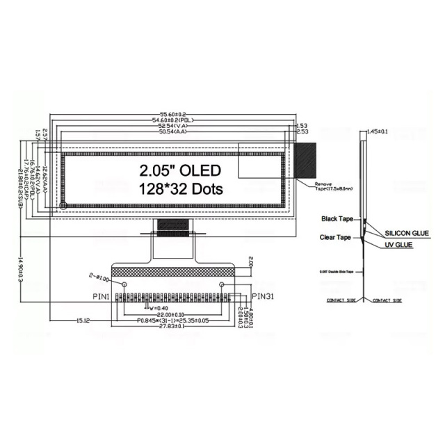 Monochrome OLED Display 2.05 Inch 128*32 Resolution I2c/Spi Interface SSD1309 Optional Board OLED Module