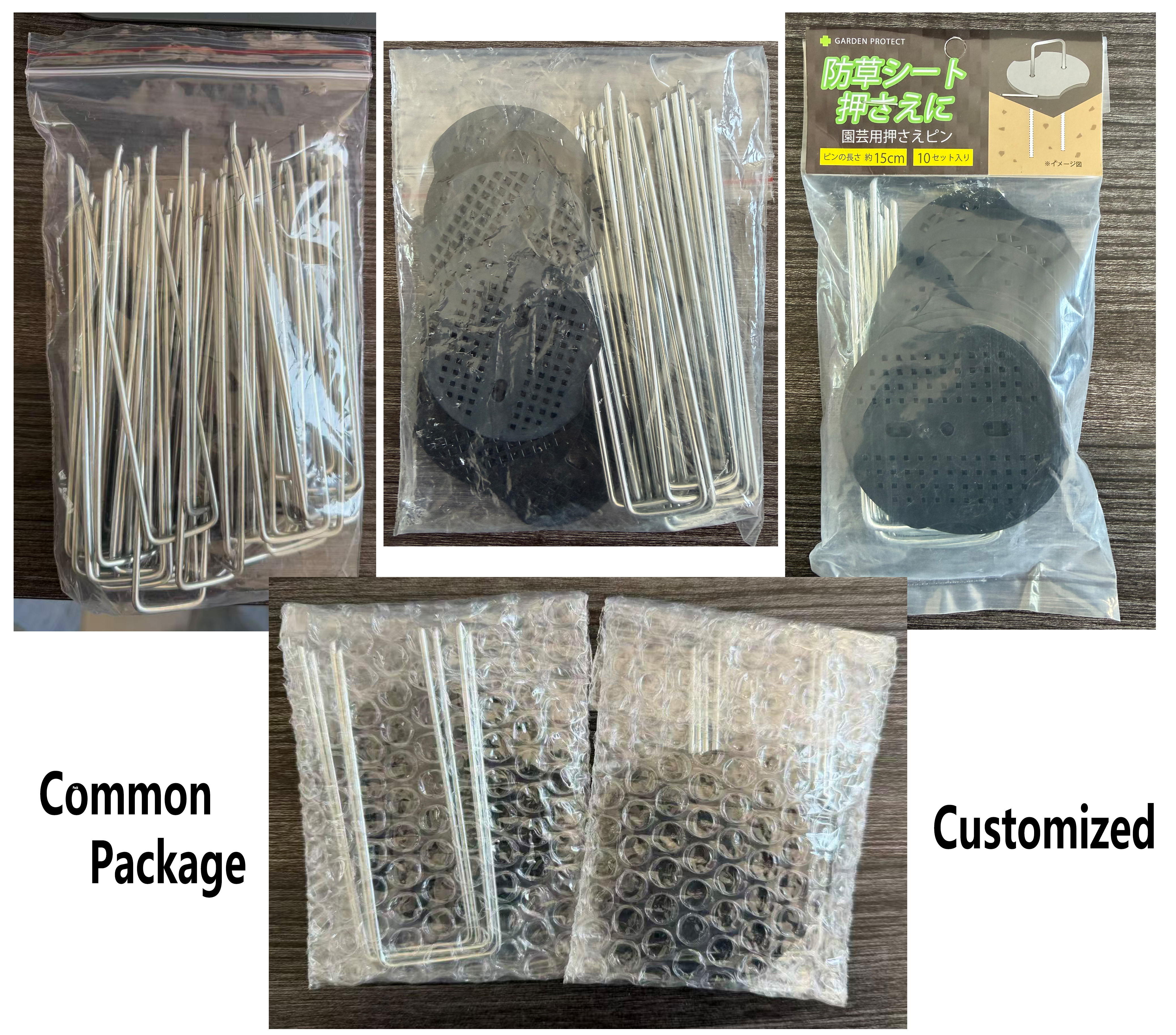 Verschiedene Verpackungsarten von Metall-Gartenhaken mit Unterlegscheiben