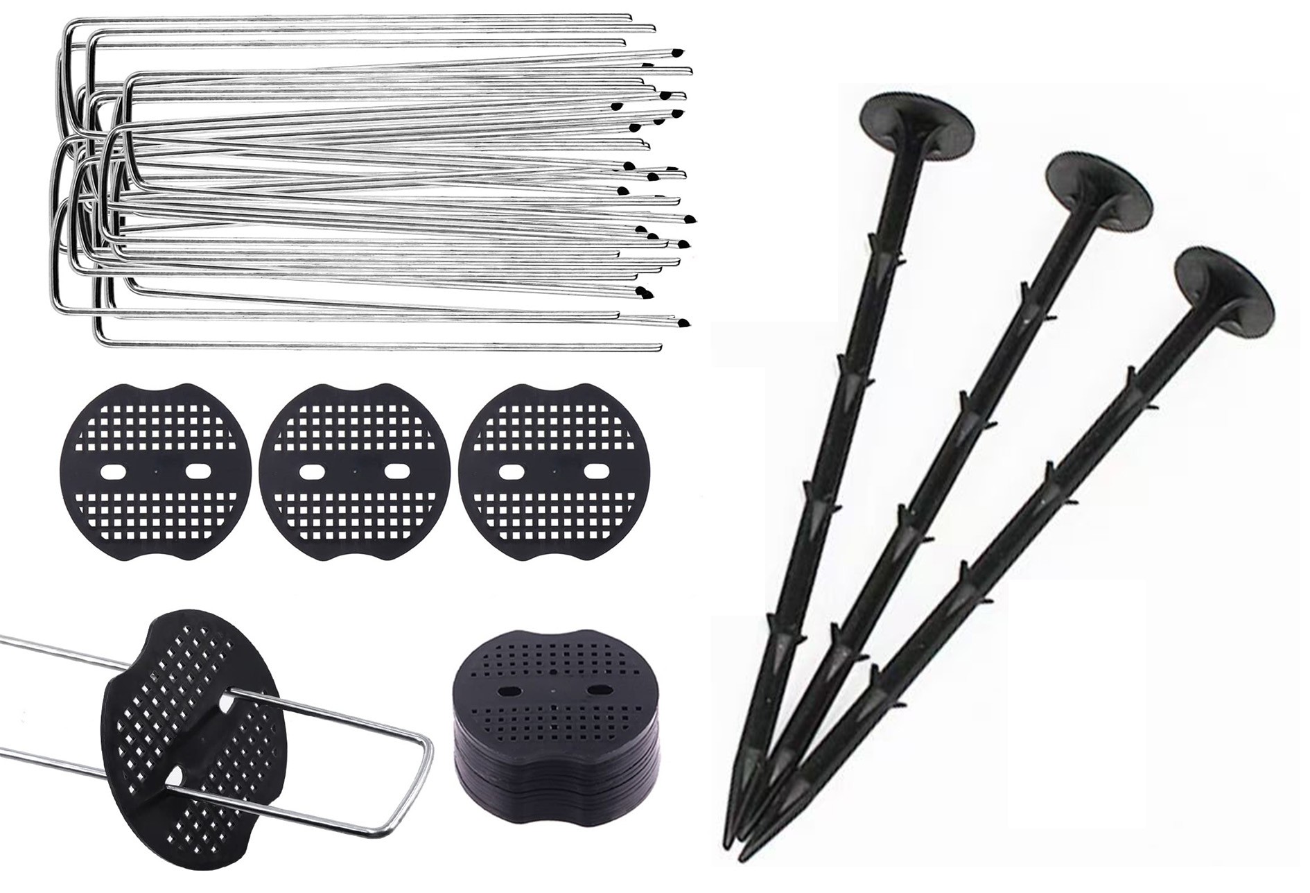 metal u-shaped landscape pins and plastic garden staples