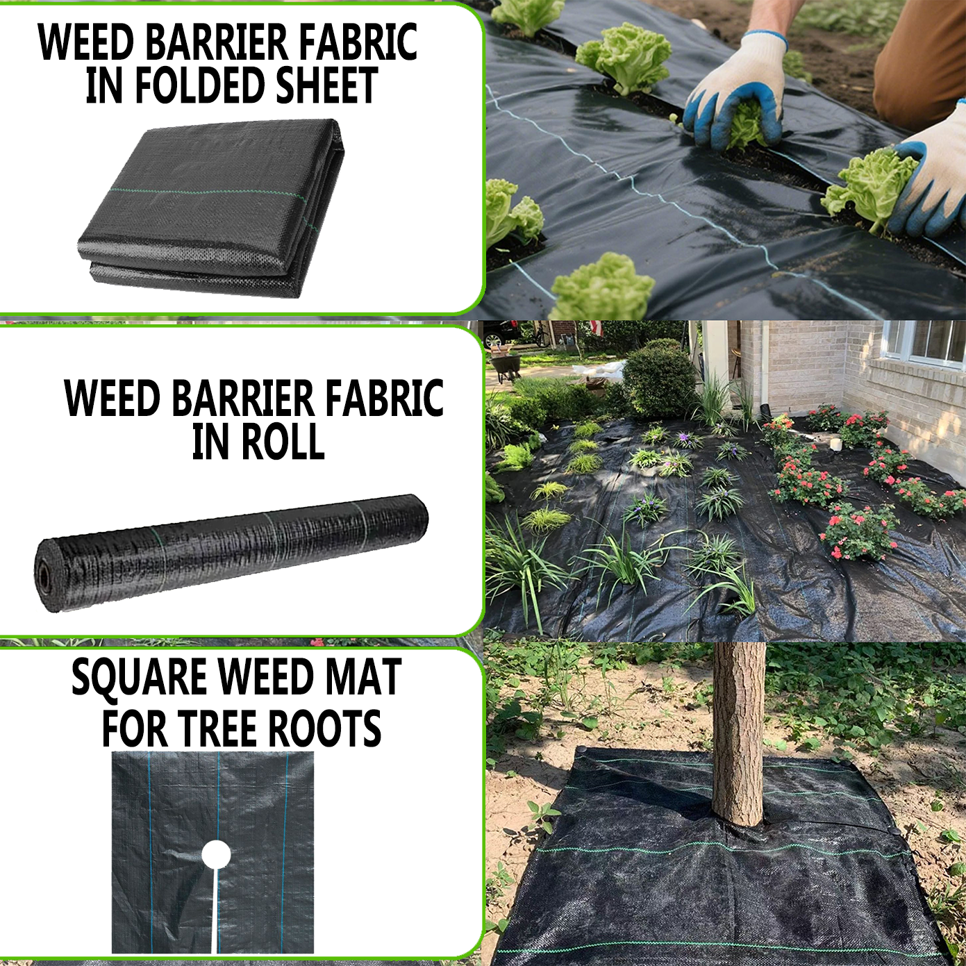 Unkrautvlies wird als Rollen, gefaltete Stücke oder zugeschnittene quadratische Matten für Baumkreise angeboten.