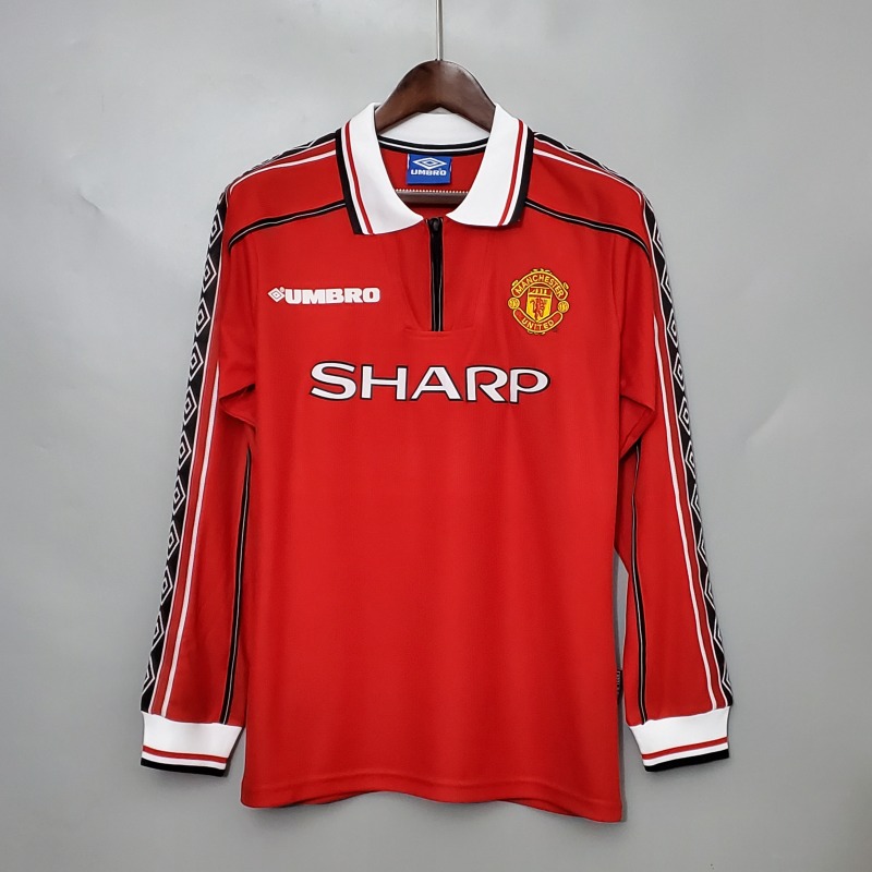 1998-1999 home long sleeve Retro Manchester United Soccer Jerseys