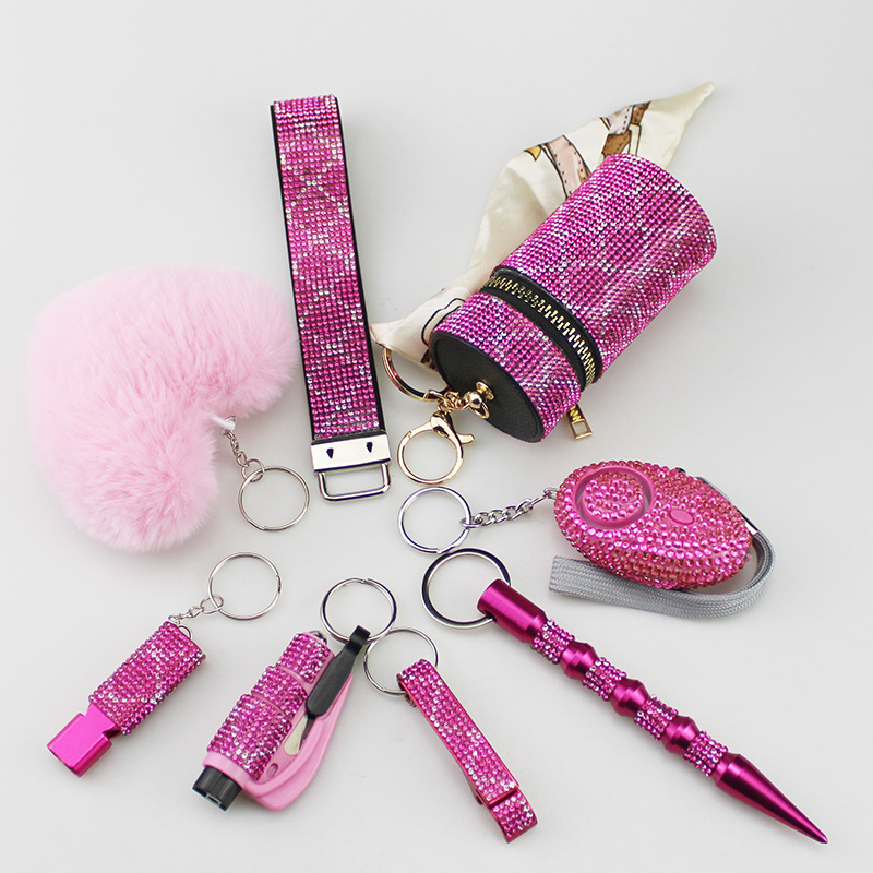 Amazon cross-border hot sale diamond wristband alarm lipstick bag love 8-piece set keychain pendant