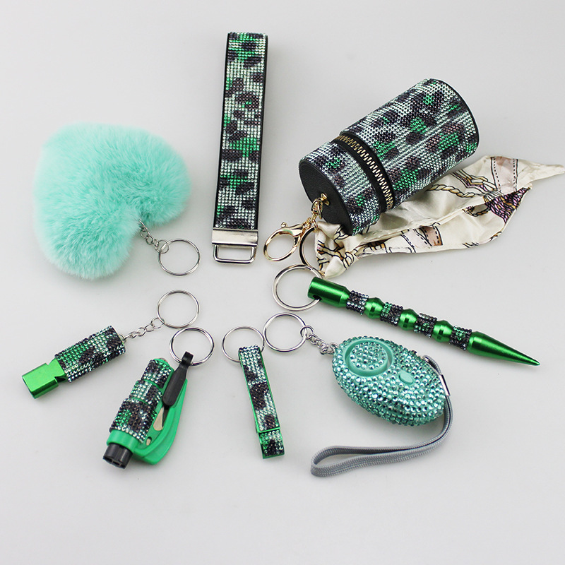Amazon cross-border hot sale diamond wristband alarm lipstick bag love 8-piece set keychain pendant