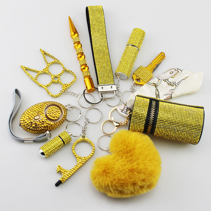 2025 new Amazon cross-border hot-selling diamond-studded self-defense multifunctional key pendant 10-piece set outdoor