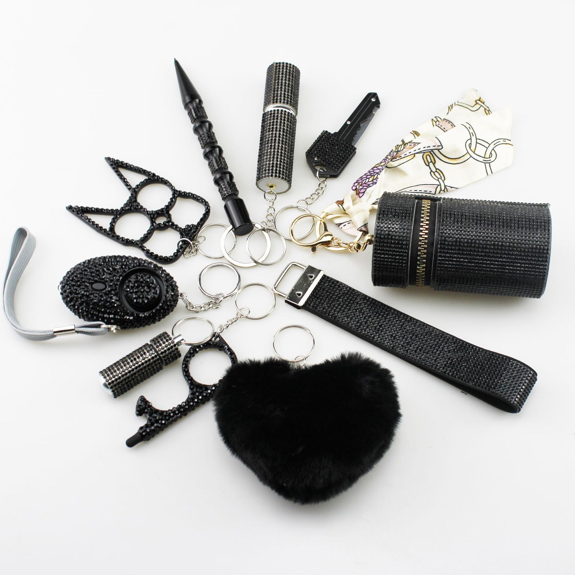 2025 new Amazon cross-border hot-selling diamond-studded self-defense multifunctional key pendant 10-piece set outdoor