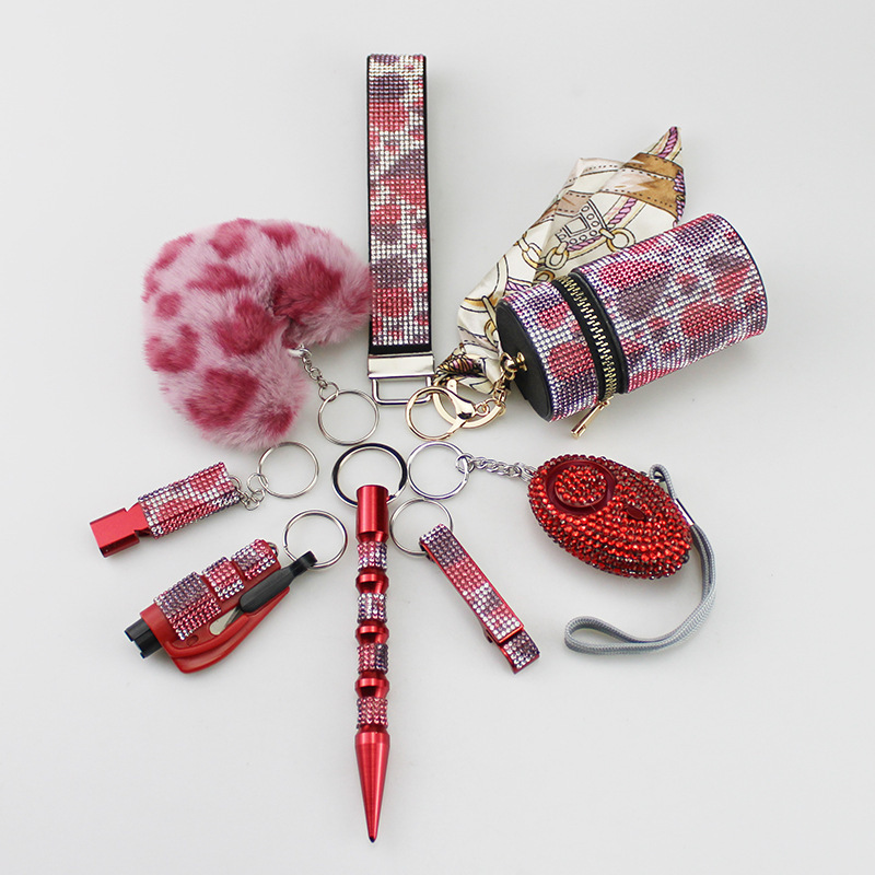 Amazon cross-border hot sale diamond wristband alarm lipstick bag love 8-piece set keychain pendant