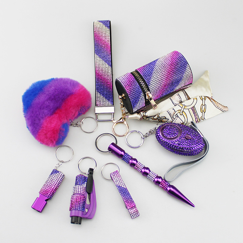 Amazon cross-border hot sale diamond wristband alarm lipstick bag love 8-piece set keychain pendant
