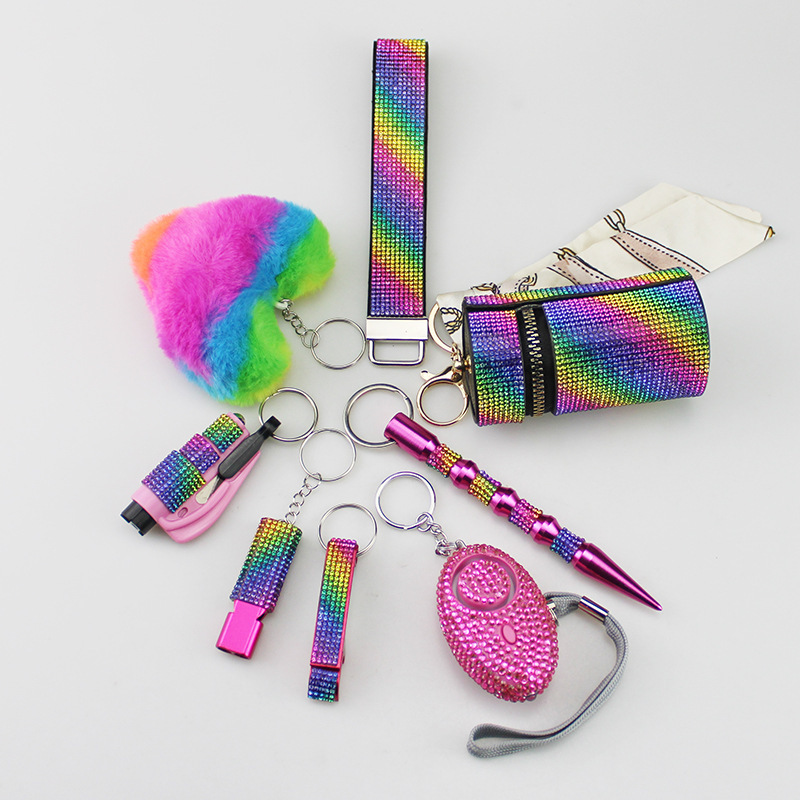 Amazon cross-border hot sale diamond wristband alarm lipstick bag love 8-piece set keychain pendant