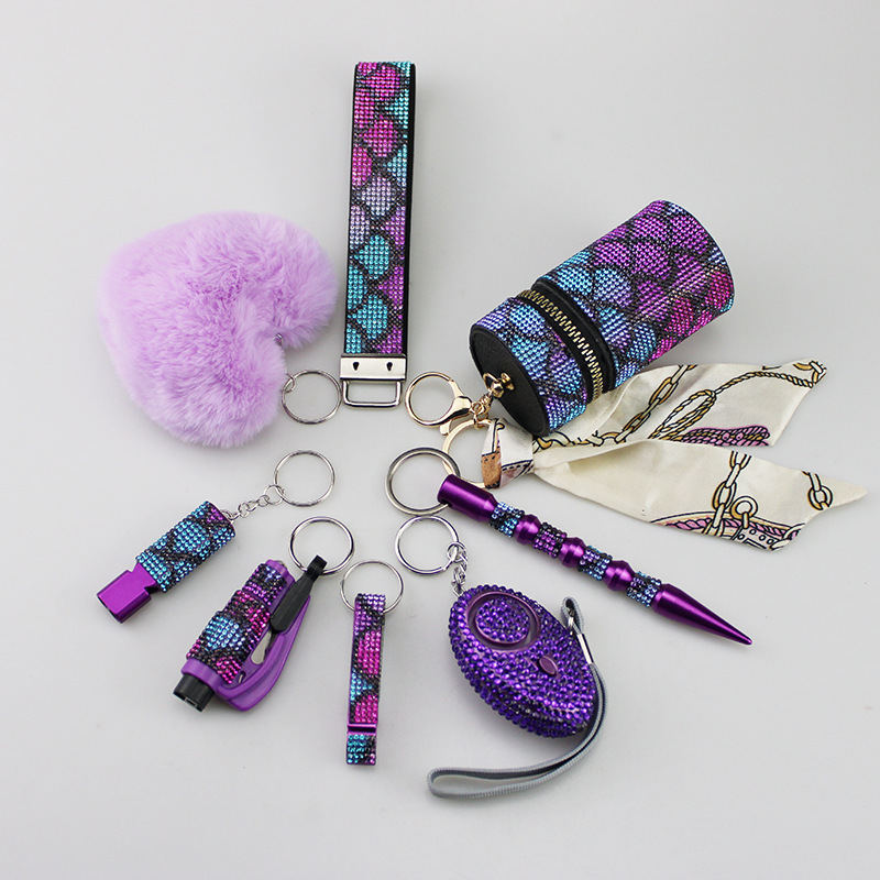 Amazon cross-border hot sale diamond wristband alarm lipstick bag love 8-piece set keychain pendant