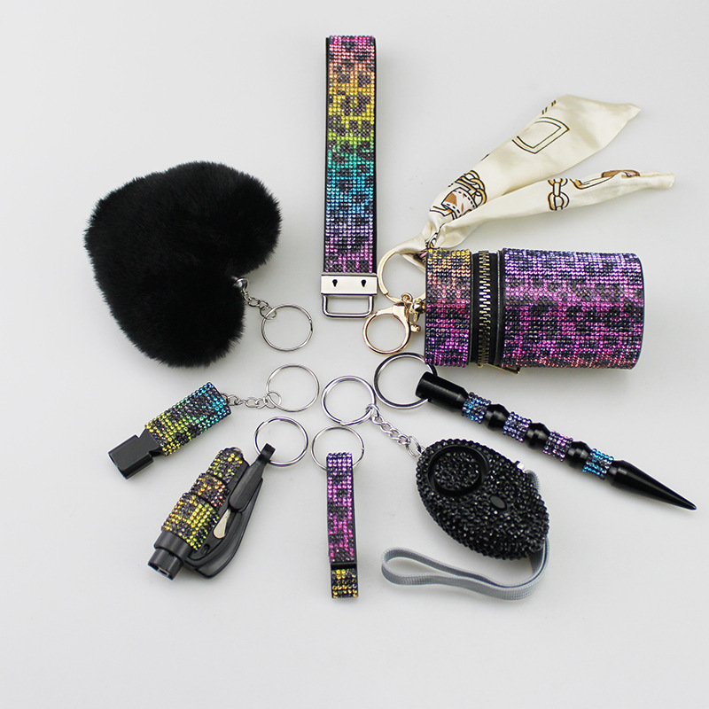 Amazon cross-border hot sale diamond wristband alarm lipstick bag love 8-piece set keychain pendant